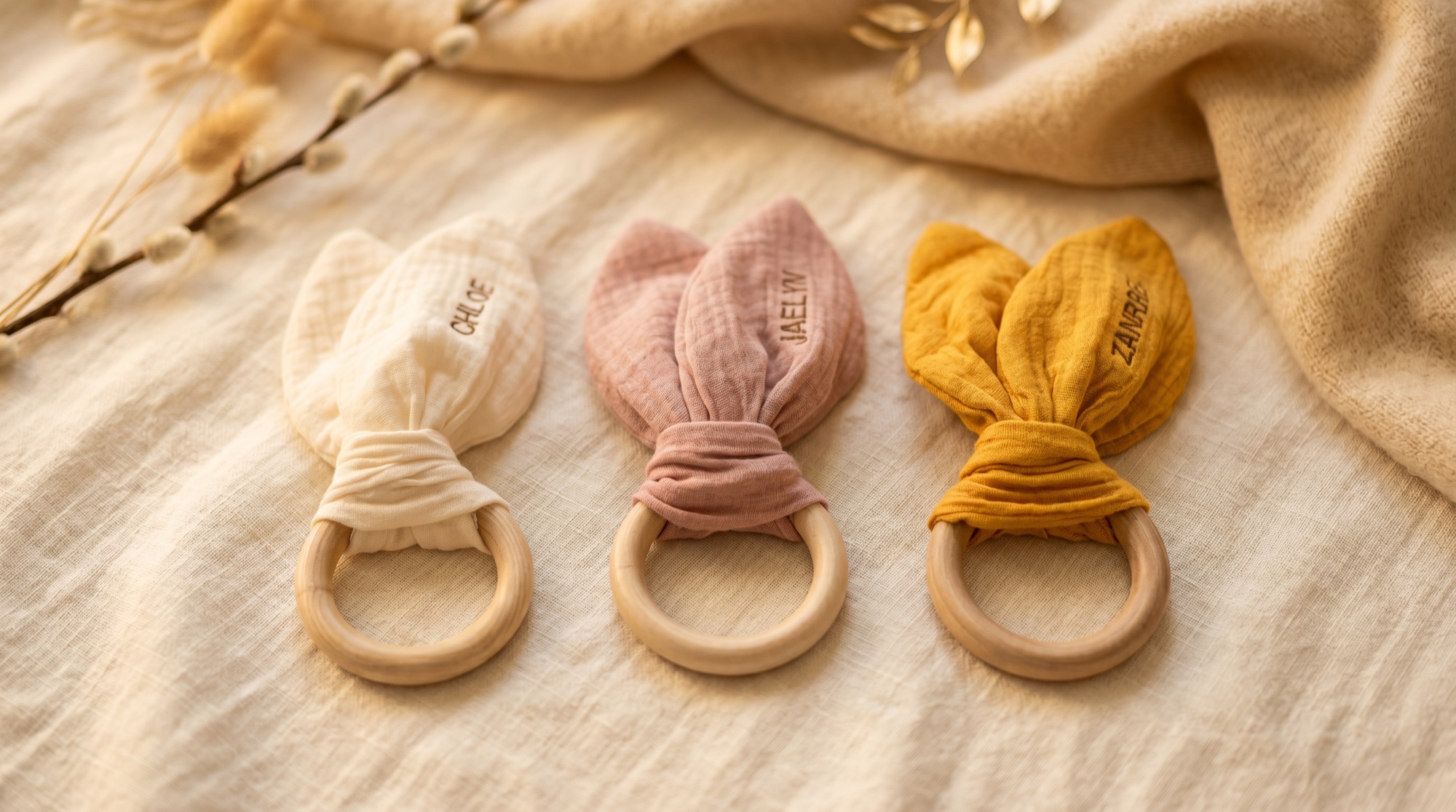 Personalised baby teethers Singapore with embroidered names — AEBaby cotton muslin keepsakes